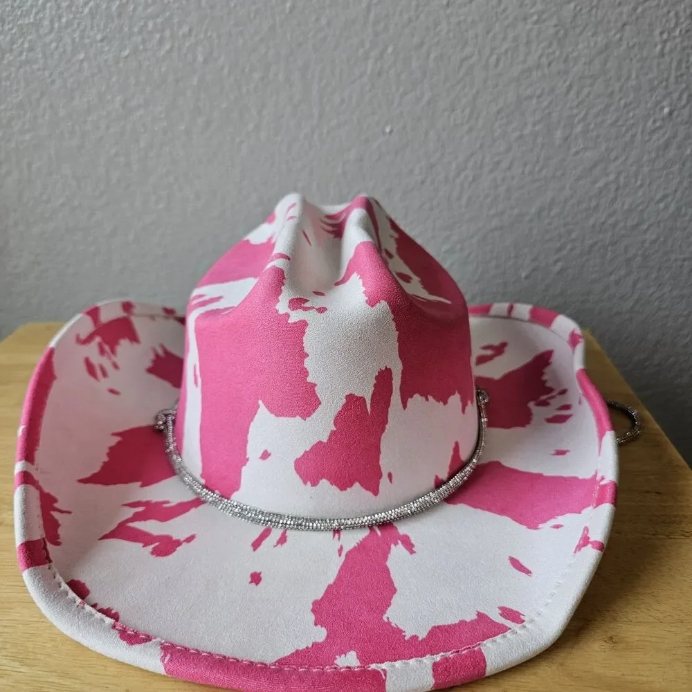 Pink Cow Print Cowboy Hat Western Cowgirl Festival Rodeo Adjustable Strap NWT